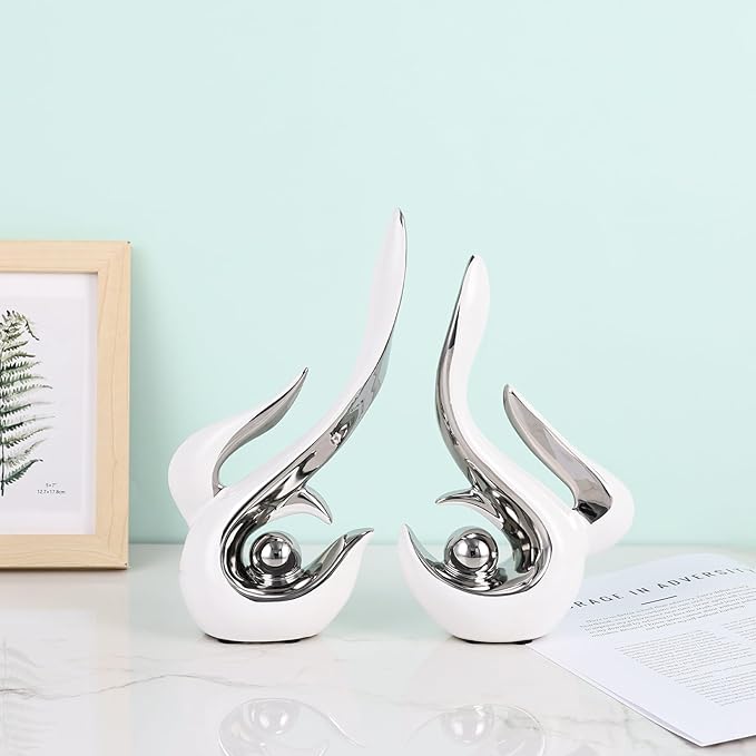 2PCS Abstract Ceramic Sculptures for Modern Decor, Sculptures Home Decor Accent,Abstract Art Figurines for Living Room Decorative Objects,Tabletop Centerpiece for Entryway,Shelf,TV Stand(White Silver)