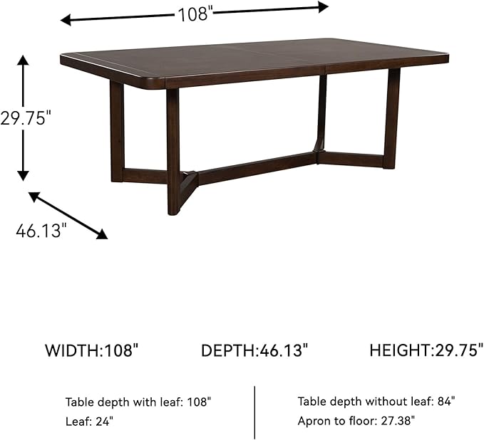 Signature Design by Ashley Kendamor Rectangular Dining Room Extension Table with Table Glide System, Seats up to 8, Wood, 108" Wide with Leaf, Dark Brown