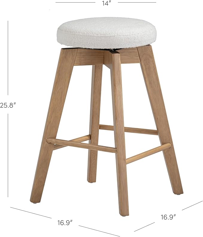 Nathan James Amalia Bohemian Swivel Bar Stool, Backless Counter Height Boucle Counter Stool with Solid Wood Legs and Upholstered Seat, White Oak
