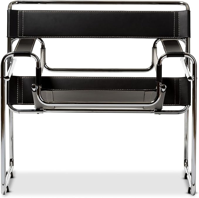 Baxton Studio Wassily Style Mid Centry Modern Accent Chair,Steel Frame and Faux Leather, Wide Seating