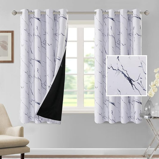 H.VERSAILTEX 100% Blackout Curtains 63 inch Length 2 Panels Set Marble Designs Printed Drapes Thermal Curtains for Bedroom with Black Liner Sound Proof Curtains, Dark Blue