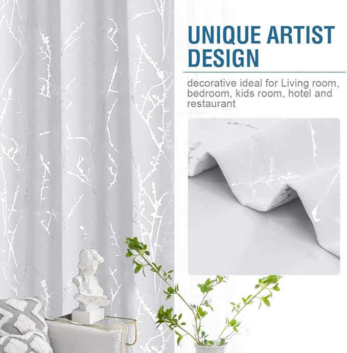 H.VERSAILTEX White Curtains for Bedroom Foil Print Twig Tree Branch Thermal Insulated Grommet Curtain Drapes Light Blocking Thick Soft Window Curtains for Living 52 x 63 Inch, 2 Panels, Pure White