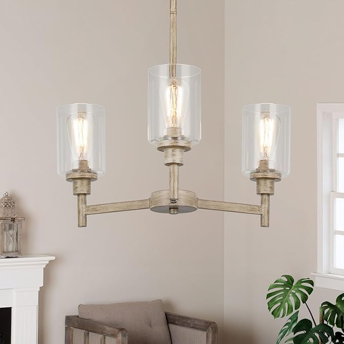3 Light Farmhouse Chandelier | Rustic Chandeliers for Dining Room Light Fixtures | Fake Wood Hanging Lighting with Clear Glass Cover for Kitchen Island | Entryway | Bathroom | Corridor | Hallway