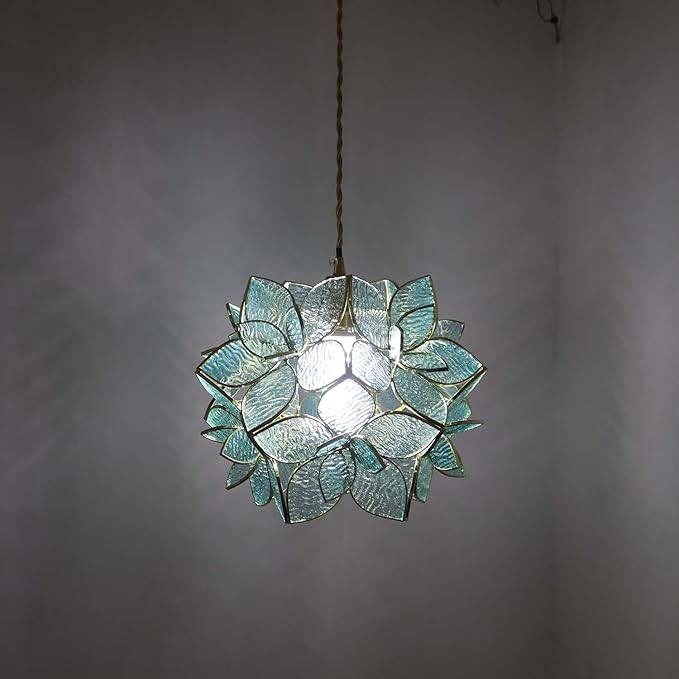 Bieye L10918 Petals Tiffany Style Stained Glass Ceiling Pendant Light for Home Decoration (Textured Aqua Blue, 12" Rose Lily)