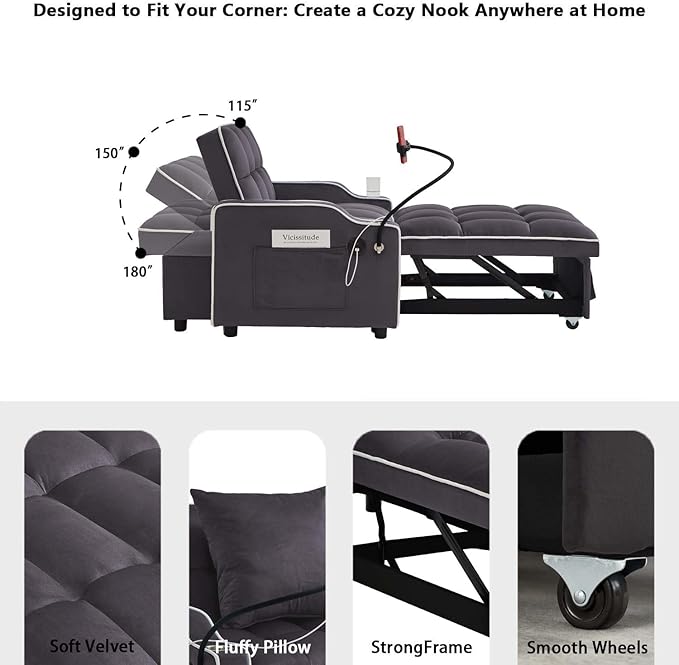 Convertible Sofa Bed, 3 in 1 Futon Sofa Bed with USB Charging Ports, Cup Holder, Phone Stand & Pocket, Modern Upholstered Sleeper Sofa for Living Room, Apartment or Small Space (Grey)