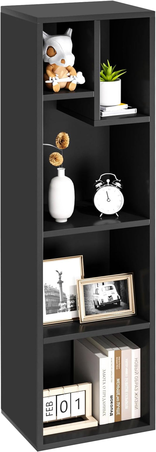 VECELO 4-Tier Slim Bookcase, Modern Storage Cabinet, Slim Bookshelf, Fits Tallest Hardcover, 5 Cubes, Vertical or Horizontal, Easy Assembly, Vintage Black