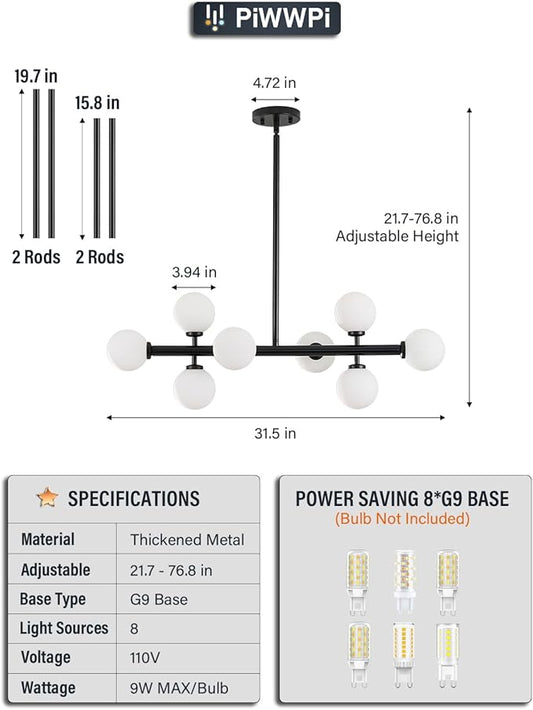 Modern Linear Chandeliers for Dining Room, 8-Light Globe Sputnik Pendant Ceiling Light, Black Dining Room Light Fixture Over Table, Mid Century Glass Milk White Bubble, 31.5 Inch, GC-09