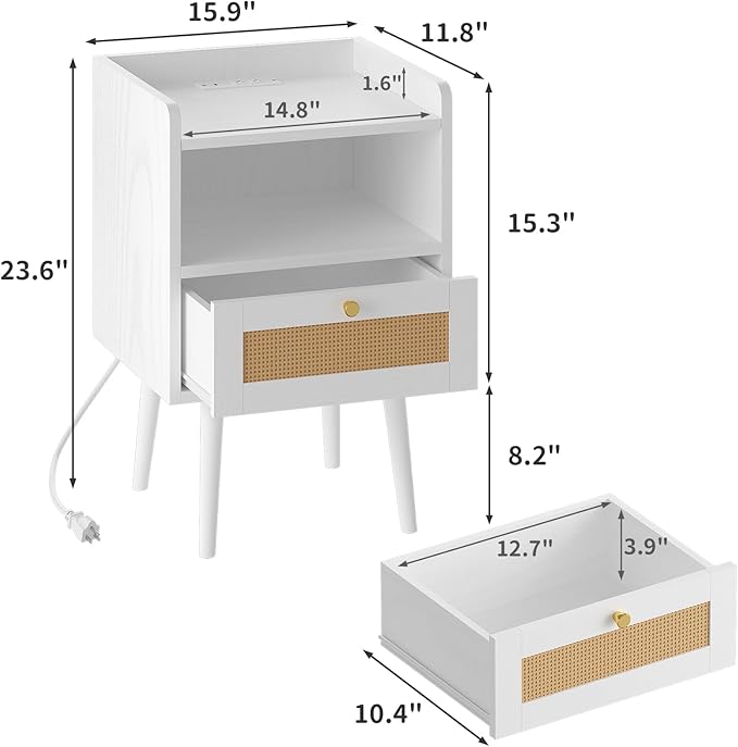 Night Stand Set 2, Nightstands Set of 2 with Charging Station, Rattan Side Tables with Solid Wood Legs, Boho Bedside End Table for Farmhouse Bedroom Dorm Small Space - White