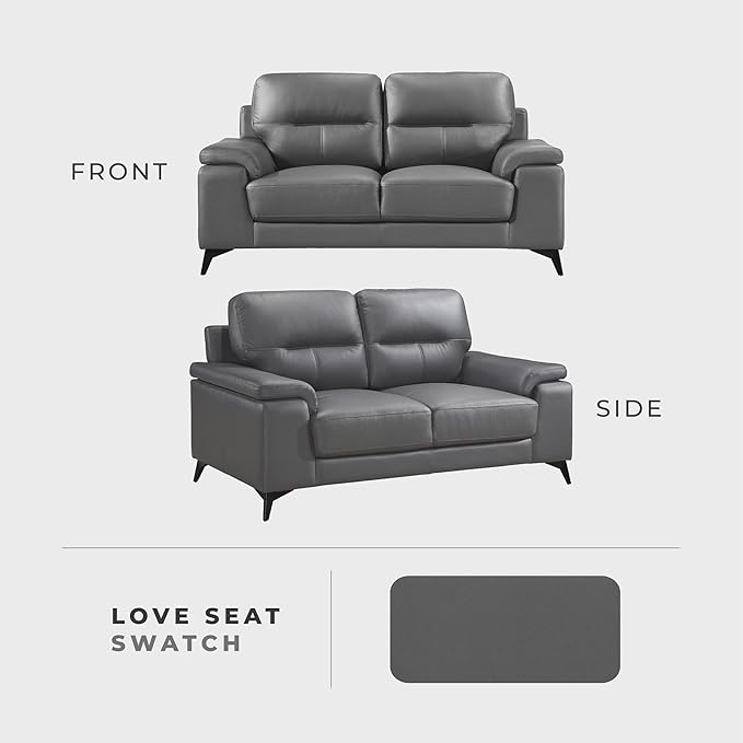 Lexicon Leather Loveseat Sofa, Modern Couch Sofa, Oversized Loveseat, Top Grain Leather Couch for Living Room, Bedroom, Office, Apartment, 2-Seater Loveseat, Dark Gray