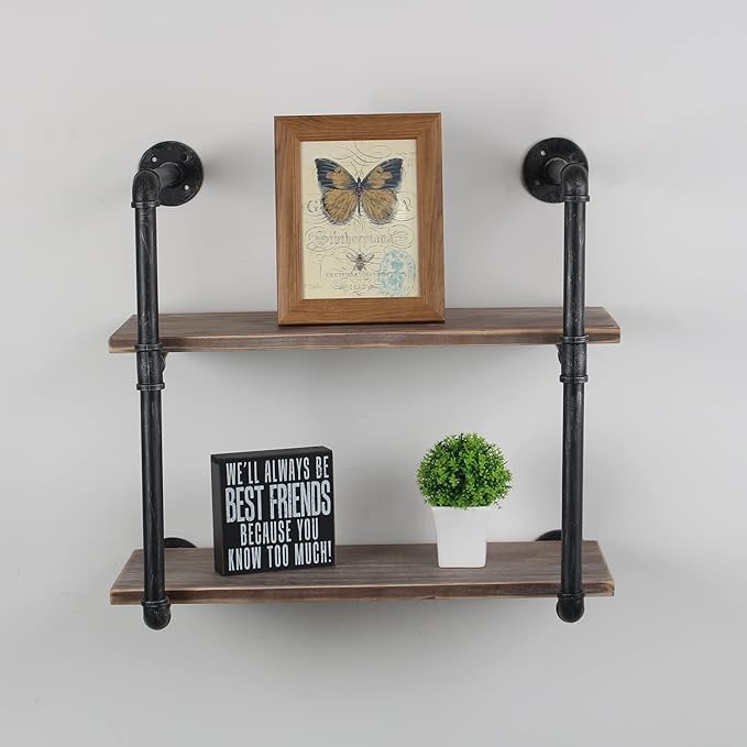 MBQQ Industrial Pipe Shelving Wall Mounted,24in Rustic Metal Floating Shelves,Steampunk Real Wood Book Shelves,Wall Shelf Unit Bookshelf Hanging Wall Shelves,Farmhouse Kitchen Bar Shelving(2 Tier)