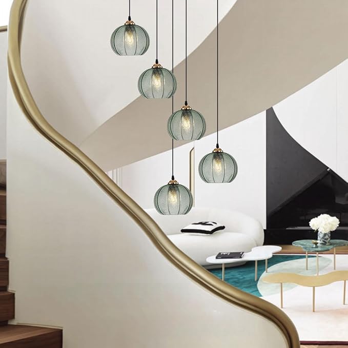 5-Light Long Staircase Chandelier Vintage Green Glass Chandeliers for High Ceilings Black Adjustable Pendant Light Fixture for Foyer Living Room Entryway, Mid Century Fixtures