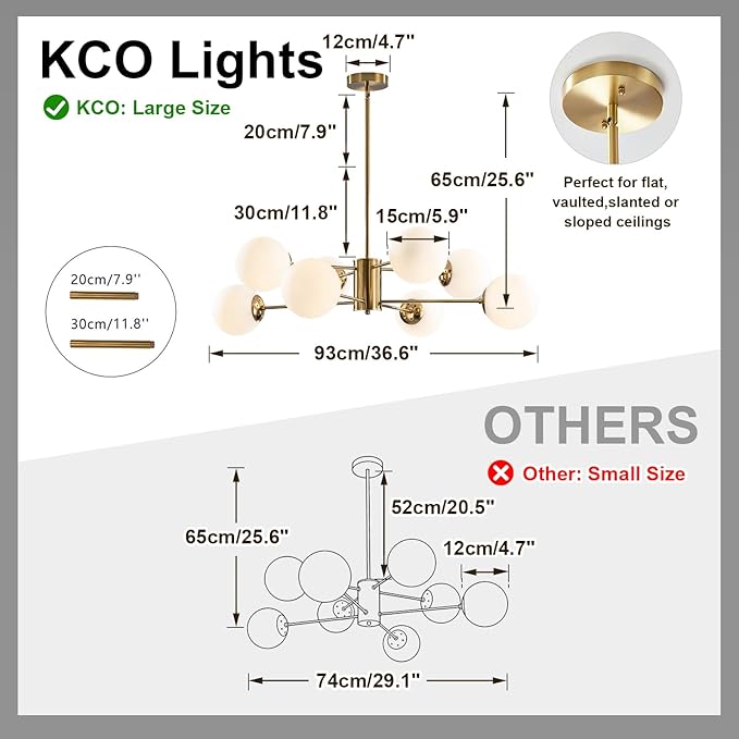KCO Lighting 8-Light Glass Sputnik Chandelier Light Modern Gold Chandeliers Pendant Light Fixture Vintage Globe Ball Ceiling Flush Mount Light Fixture Kitchen Island