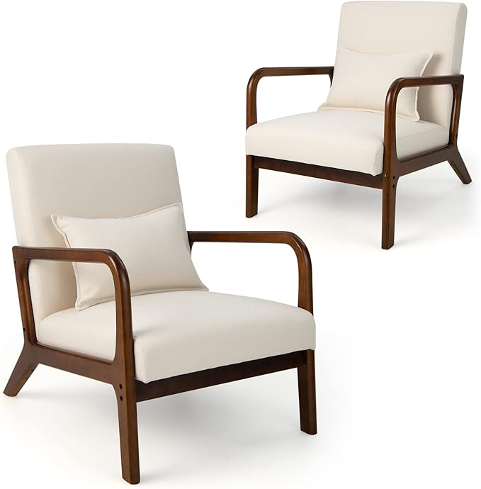 Giantex Set of 2 Modern Accent Chair with Pillow - Comfy Upholstered Lounge Armchair with Anti-Slip Felt Pads, Wooden Frame Soft Padded Arm Chairs for Living Room, Bedroom, Study, Beige