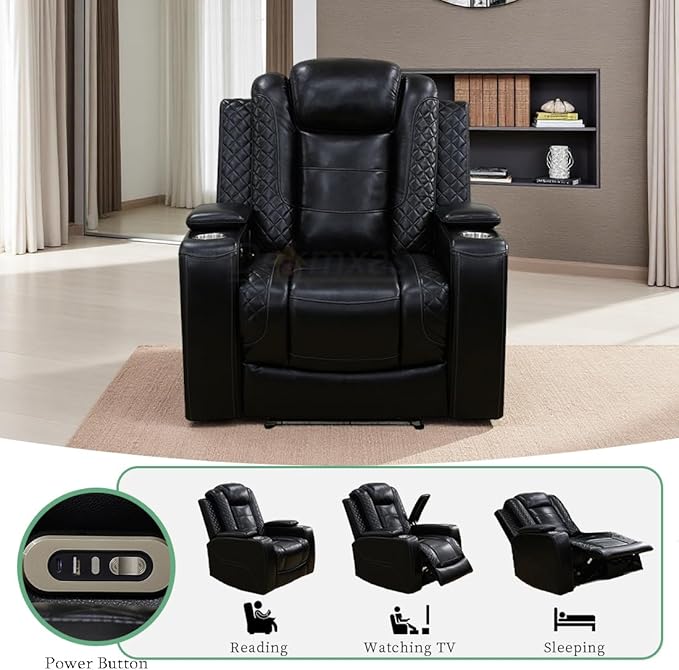 Power Recliner Sofa Couch, Living Room Furniture Sets, Black Breathing Leather Power Reclining Chair with USB Port/Recliner Seat/Storage Armrest/Cup Holder/LED for Living Room