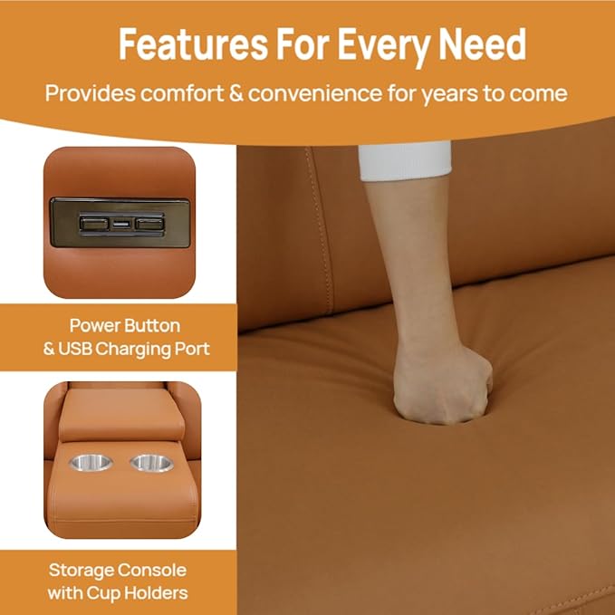 Power Recliner Sectional Couch, Breathing Leather Living Room Furniture Set, Reclining Corner Sectional Sofa with Storage Console/Cup Holders for Home/Office (Caramel, 5 Seater Couch)