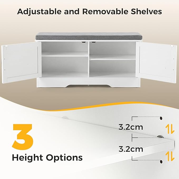 NEWBULIG 2-Tier Storage Bench, 39" Wide Shoe Bench with Padded Seat Cushion, Entryway Bench with 4 Barn Doors and Adjustable Shelf, White