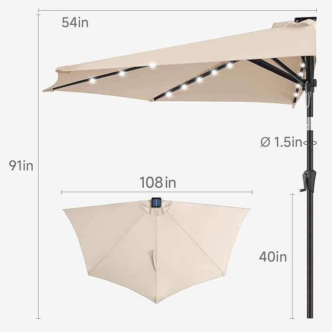 9FT Solar Half Umbrellas Outdoor - LED Half Patio Umbrella with 25 Lights, UV Protection Waterprool, Half Round Umbrella for Wall Balcony, Pool, Porch, Garden, Deck, Backyard, Beige
