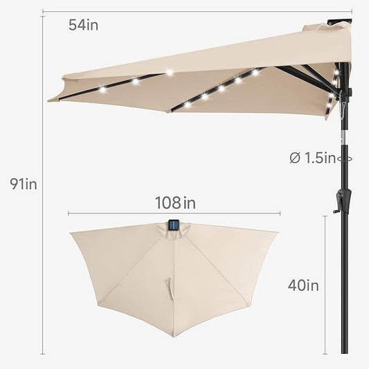 9FT Solar Half Umbrellas Outdoor - LED Half Patio Umbrella with 25 Lights, UV Protection Waterprool, Half Round Umbrella for Wall Balcony, Pool, Porch, Garden, Deck, Backyard, Beige
