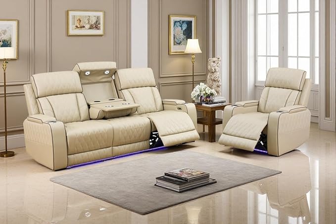 A Ainehome Power Leather Recliner Sofa Set, Recliner Sofa Sectional Couches for Living Room, Reclining Sofa, loveseat, Chair with Storage Console/Cup Holders(Khaki,Sofa+Chair)