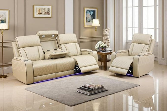 A Ainehome Power Leather Recliner Sofa Set, Recliner Sofa Sectional Couches for Living Room, Reclining Sofa, loveseat, Chair with Storage Console/Cup Holders(Khaki,Sofa+Chair)