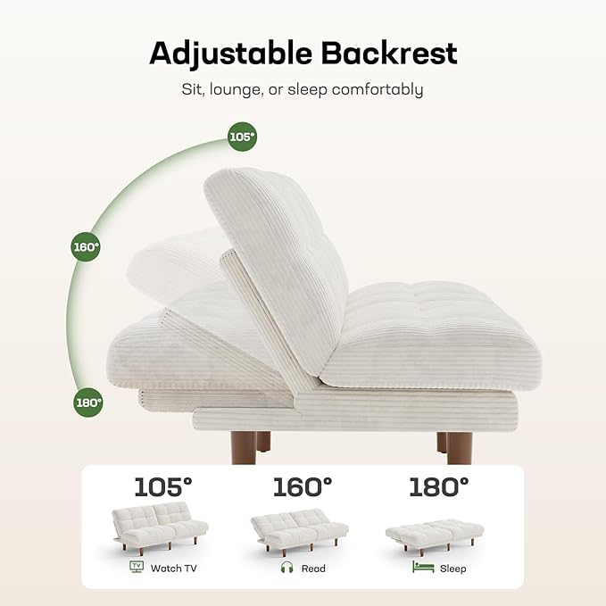 Marsail 65" Futon Sofa Bed, Convertible Small Recliner Sleeper Sofa Bed with Adjustable Backrest, Corduroy Loveseat Futon Couch for Small Apartments, Living Room Office, Guest Room (White)