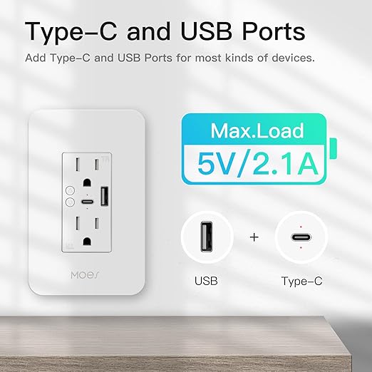 MOES Smart Wall Outlet 3 Pack, with USB C Ports, 2.4GHz WiFi USB Socket Plug, Compatible with Alexa Ggoole Assistant