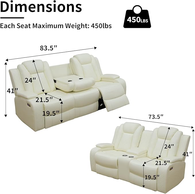 Power Leather Recliner Sofa Set with LED Light,Reclining Sofa and Loveseat,Leather Couch Set for 3 Seats Couch with Coffee Table/Loveseat with Storage Console 2 PCS for Living Room(White,3+2)
