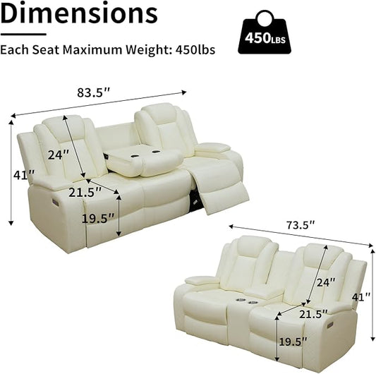 Power Leather Recliner Sofa Set with LED Light,Reclining Sofa and Loveseat,Leather Couch Set for 3 Seats Couch with Coffee Table/Loveseat with Storage Console 2 PCS for Living Room(White,3+2)