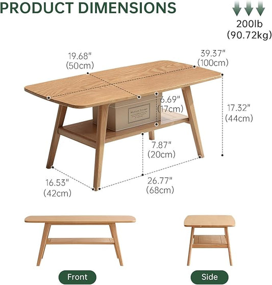 100% Solid Wood Coffee Table for Living Room, 39.37" Mid Century Modern Small Tables with Shelf Storage, 2-Tier Coffee Table with Rounded Corners (Oak Wood Log Color, 39.37" L)