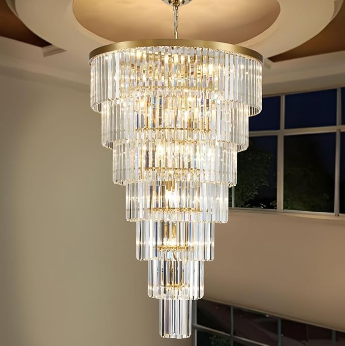 Gold Long Crystal Chandelier for High Ceiling, Height 47 inch 7-Tier Modern Large Chandeliers Lighting Fixture, Round Light for Entryway Staircase Foyer