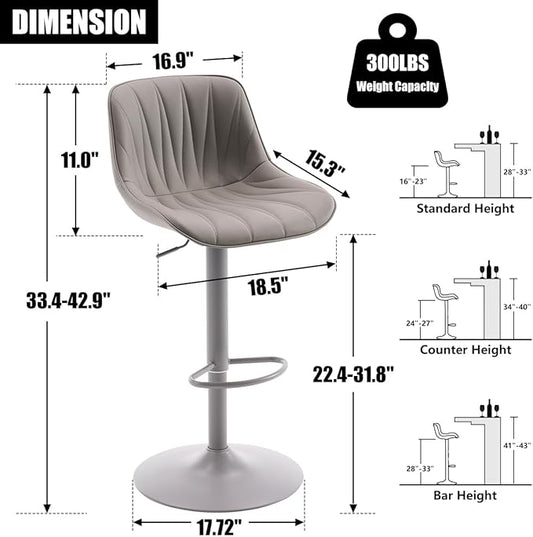 Kidol & Shellder Bar Stools Set of 2 Gray Adjustable Swivel Counter Height Barstools Upholstered Modern PU Leather Bar Chairs Stools for Kitchen Island