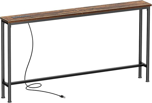 SUPERJARE 51.2 Inch Sofa Table with Power Outlet and USB-C Port, 5.9 Inch Narrow Console Table, Entryway Hallway Couch Table with Storage, Behind Sofa, Small Spaces, Living Room, Rusitc Brown