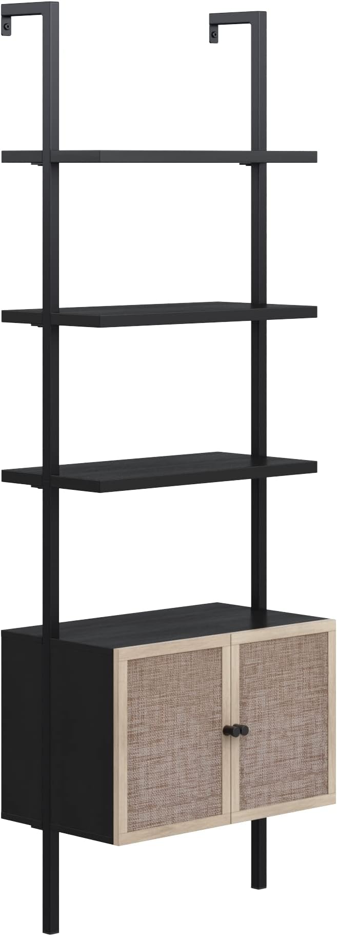 Nathan James Theo Modern Bookcase with Rattan Cabinet in Matte Black and Light Oak Finish with Matte Black Metal Frame for Living Room, Home Office Storage