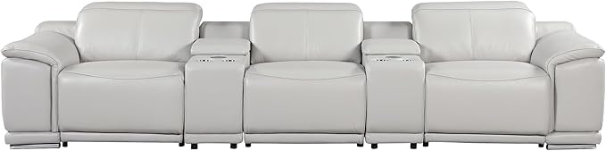 BlackJack Furniture Venice Top Grain Italian Leather Power Recline 5 Piece Sofa - 134" Theater Seating Modern Couch for Living Room Apartment Home with Adjustable Headrests & USB Port, Light Grey