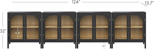 Nathan James Mason Storage Cabinet Accent Sideboard Buffet Credenza TV Stand with Glass Doors and Adjustable Shelf in Black Wood for Dining Room, Entryway and Living Room, Clear Glass/Black, Set of 4
