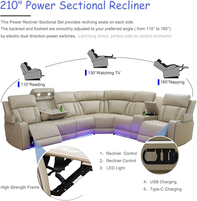 Brown Leather Recliner Sectional Couch with LED, Power Sectional Sofa and Loveseats, Power Recliner Sofa Set for Living Room, L-Shaped Couch Sets, Cup Holders, Hidden Storage for Home/Office