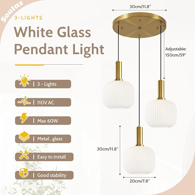3 Light Cluster Chandelier Milk Glass Pendant Lights Kitchen Island Light Fixtures Ceiling Hanging with Striped Globe Shade Mid Century Modern White and Gold Pendant Light Over Dining Table