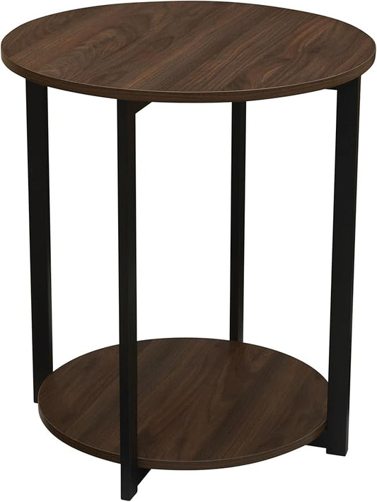 Household Essentials Jamestown Round Side End Table with Storage Shelf Mid Century Walnut Wood Grain and Black Metal