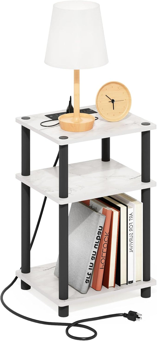 Furinno Just 3-Tier Turn-N-Tube USB and Type-C Charging Port End Table with Open Storage, 11.42 (W) x 8.82 (H) x 6.77 (D) inches, Marble White/Black