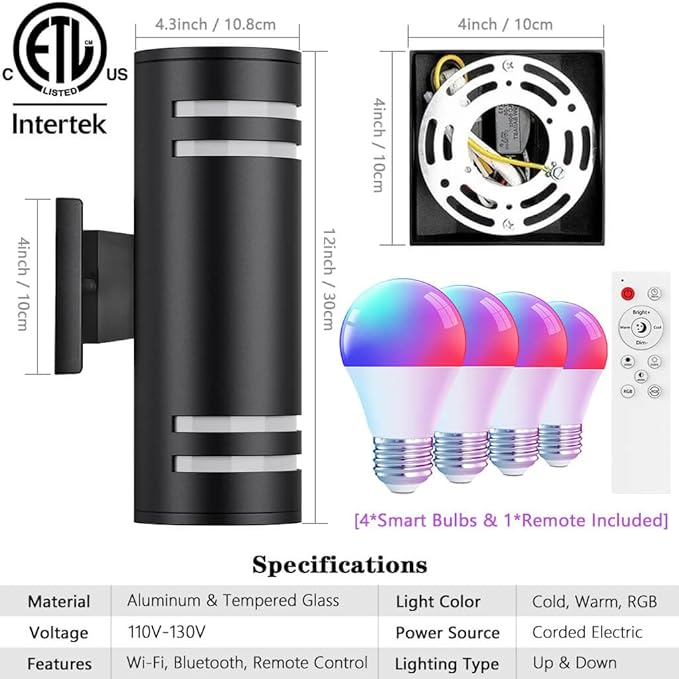 KIZON Smart Porch Lights 2 Pack, Modern Dusk to Dawn Outdoor Wall Lights Color Changing, Dimmable RGB Exterior Sconce Up and Down Light, Outside Lights for House Garage, Works with Alexa