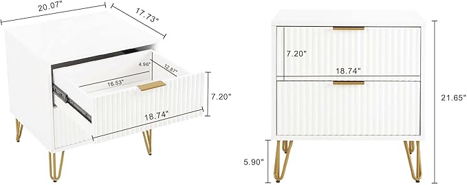 Manhattan Comfort Dumbo Fluted Nightstand with 2 Drawers, Gold Metal Legs and Metal Handles, Snap Tool-Free Assembly, Modern Bedside Accent Table with Storage for Bedroom, Living Room, Office in White