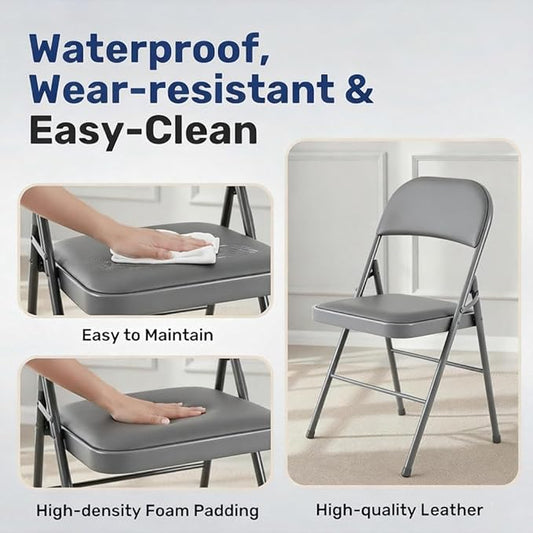 Simple Deluxe Dining Chairs Set of 2, Leather Cushion Foldable Modern Kitchen Side Chair with Padded Back& Metal Legs, Upholstered Dinner Seat Gift for Home/Living Room/Bedroom/Restaurant, Grey