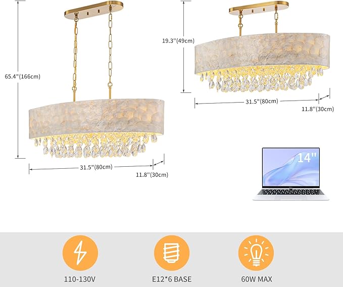 6-Light Oval Capiz Shell Crystal Linear Chandeliers, Coastal Design Light Fixture for Dining Room, Kitchen Island, L32xW12xH19~65 Inch(Adjustable), Shell Lampshade & Brass Finish