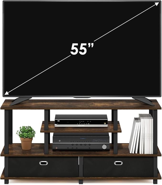 Furinno Jaya TV Stand, 4-Tier Entertainment Center with Open Shelf, TV Console for TV up to 55 Inch with 2 Storage Bins, Toolless Assembly, for Living Room, Bedroom, Amber Pine