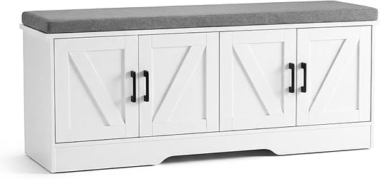 NEWBULIG 2-Tier Storage Bench, 47" Wide Shoe Bench with Padded Seat Cushion, Entryway Bench with 4 Barn Doors and Adjustable Shelf, White