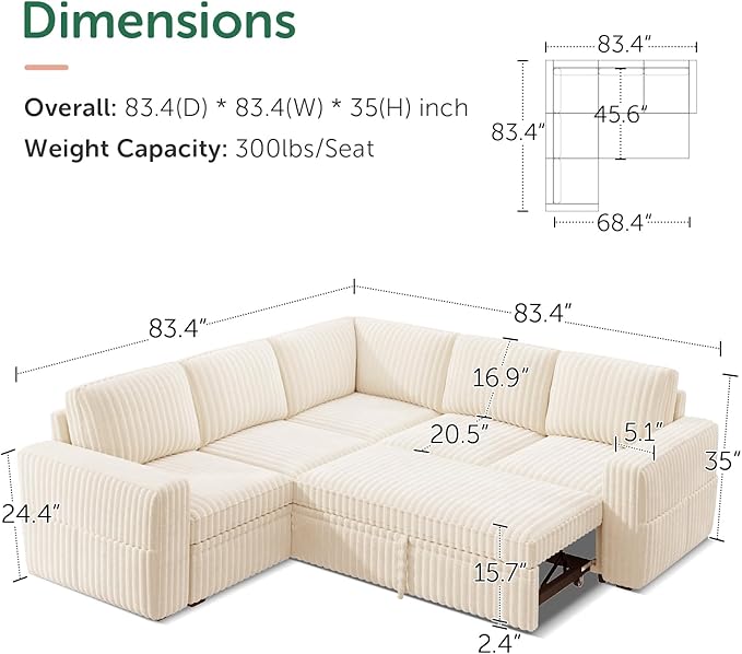 HONBAY Modular Sectional Sleeper Sofa with Pull Out Bed,Corduroy L Shaped Couch with Storage, Sectional Couches for Living Room,Beige
