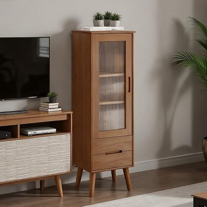 Solid Oak Wood Storage Cabinet, Small Cabinet with 3-Tier Cabinet with 2 Drawers, Pantry Cabinet for Living Room, Kitchen and Dining Room (Walnut, 14.96" W × 12.60" D × 47.24" H)