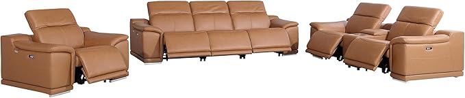 BlackJack Furniture Venice Top Grain Italian Leather Recliner 7 Seater 6 Power Reclining 3 Piece Sofa Set with Adjustable Headrests Modern Seating Sofa, Loveseat and Chair for Living Room , Cognac
