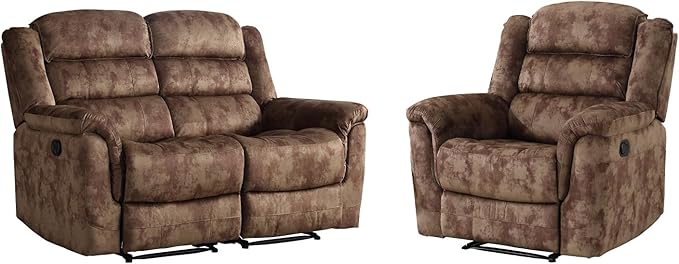 EBELLO 2 Pieces Loveseat Reclining Couch Furniture Set, Soft Fabric Manual Recliner Sofa Home Theater Seating, Manual Recliner and Wide 2PC Bonded Sofa Set for Living Room, Brown