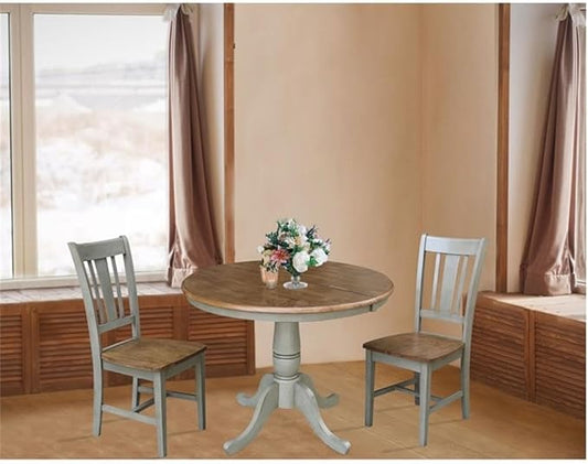 IC INTERNATIONAL CONCEPTS 36" Round Wood Distressed Hickory/Stone Extension Dining Table with 2 Chairs